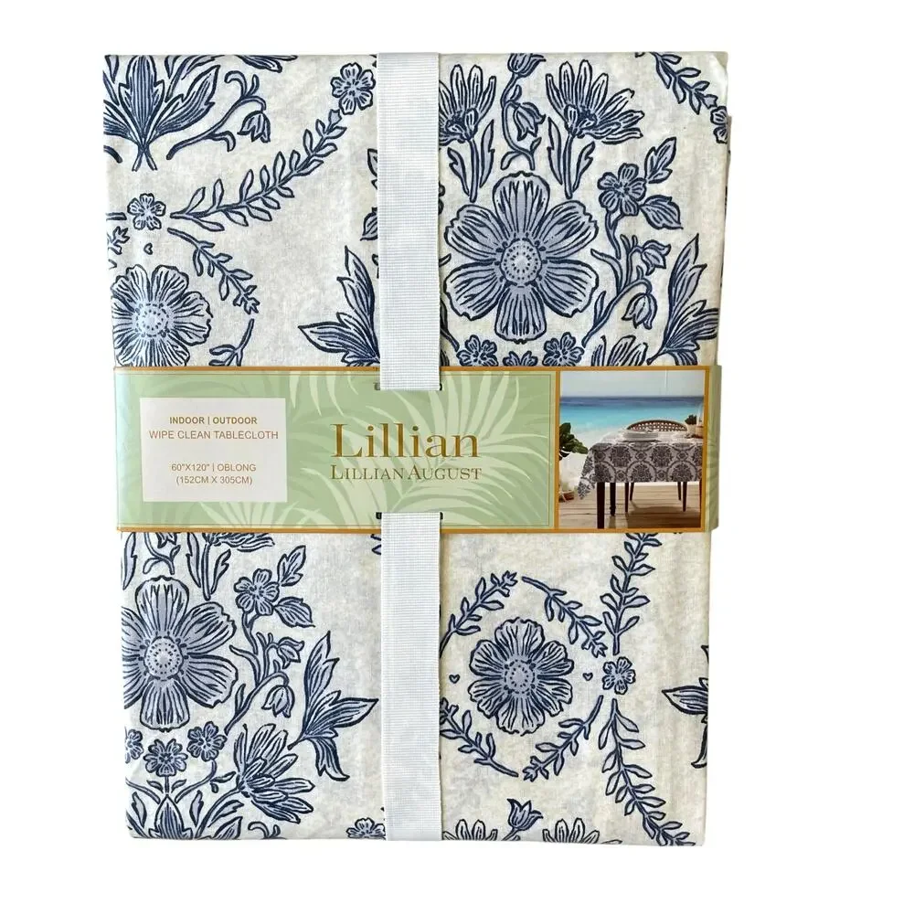Lillian August Floral Easy Care Indoor Outdoor Tablecloth 60x120 Blue White NEW